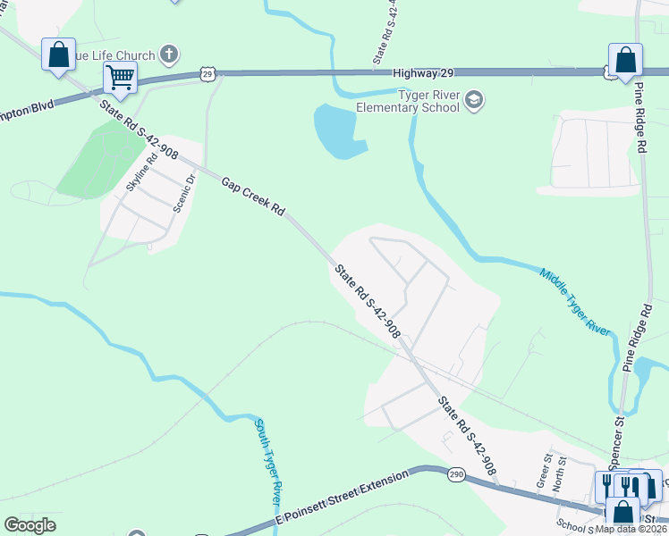 map of restaurants, bars, coffee shops, grocery stores, and more near 381 State Road S-42-908 in Duncan