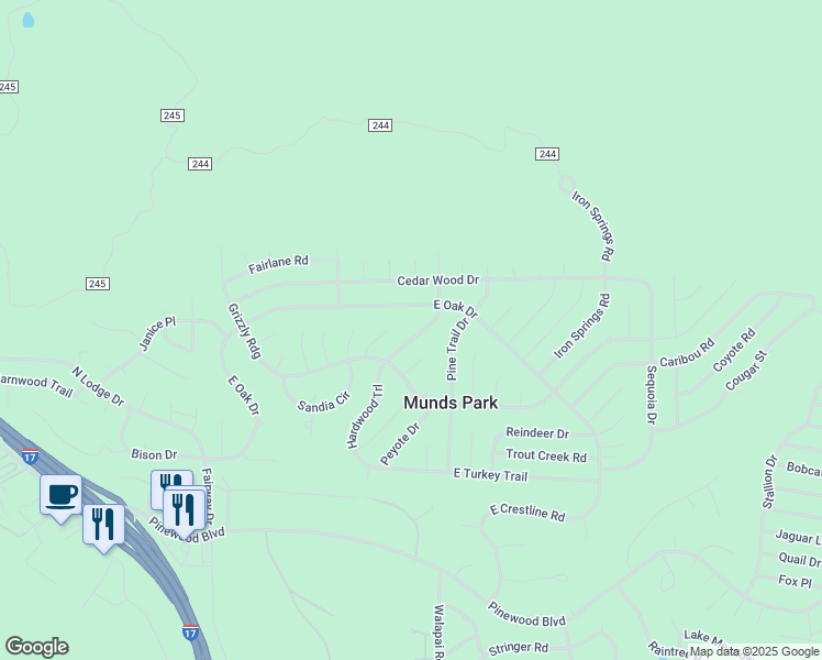 map of restaurants, bars, coffee shops, grocery stores, and more near 425 East Oak Drive in Munds Park