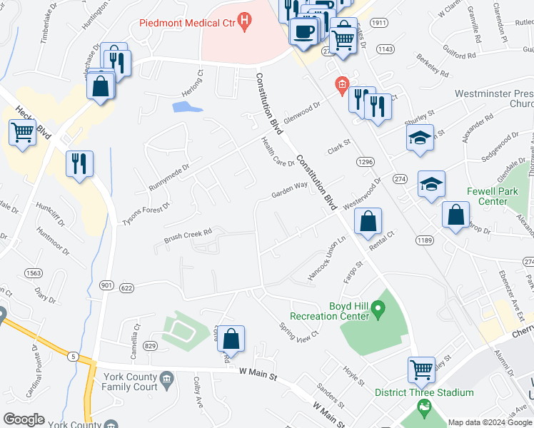 map of restaurants, bars, coffee shops, grocery stores, and more near 631 Fawnborough Court in Rock Hill
