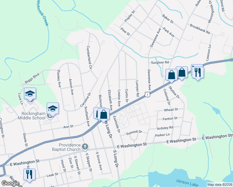 map of restaurants, bars, coffee shops, grocery stores, and more near 416 Elizabeth Avenue in Rockingham
