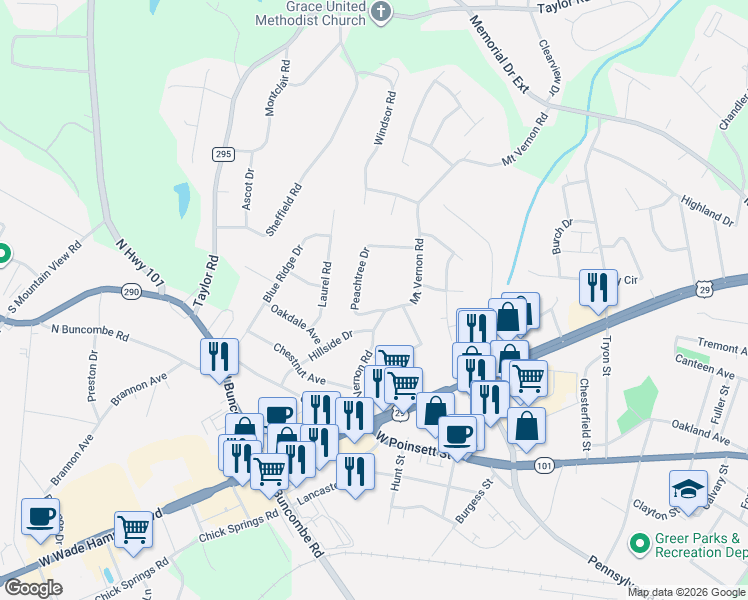 map of restaurants, bars, coffee shops, grocery stores, and more near 407 Mount Vernon Road in Greer