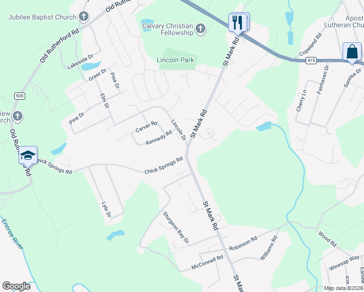 map of restaurants, bars, coffee shops, grocery stores, and more near 225 Lincoln Drive in Taylors
