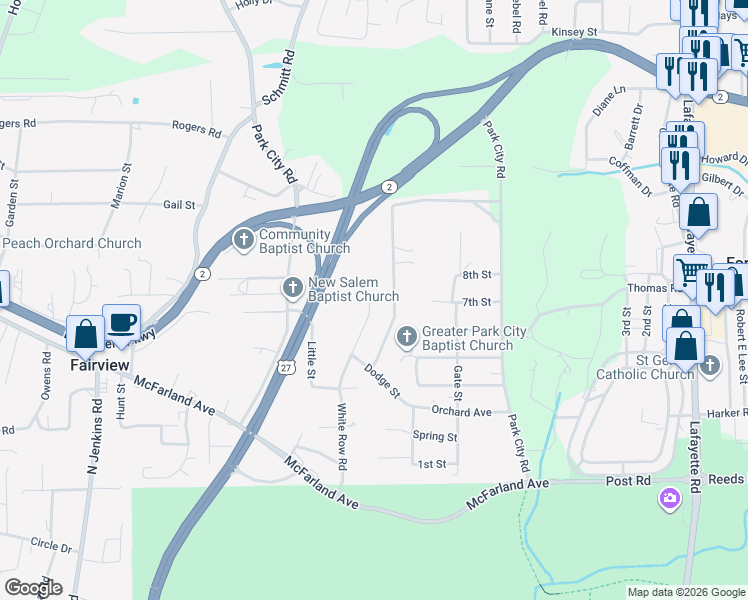 map of restaurants, bars, coffee shops, grocery stores, and more near 490 South Washington Street in Rossville