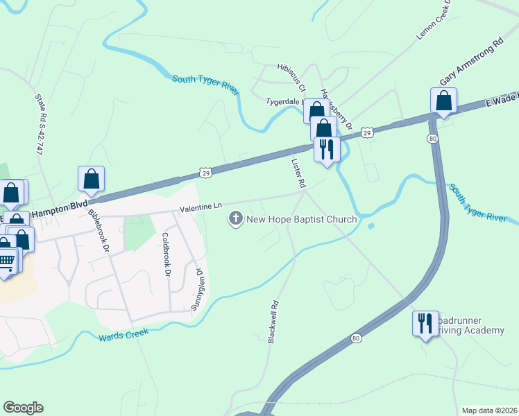 map of restaurants, bars, coffee shops, grocery stores, and more near 801-1177 Valentine Lane in Greer