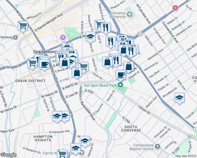 map of restaurants, bars, coffee shops, grocery stores, and more near 327 East Kennedy Street in Spartanburg