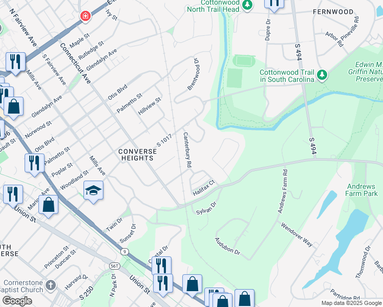 map of restaurants, bars, coffee shops, grocery stores, and more near 123 Canterbury Road in Spartanburg