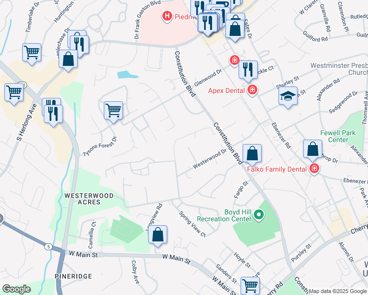 map of restaurants, bars, coffee shops, grocery stores, and more near 639 Fawnborough Court in Rock Hill