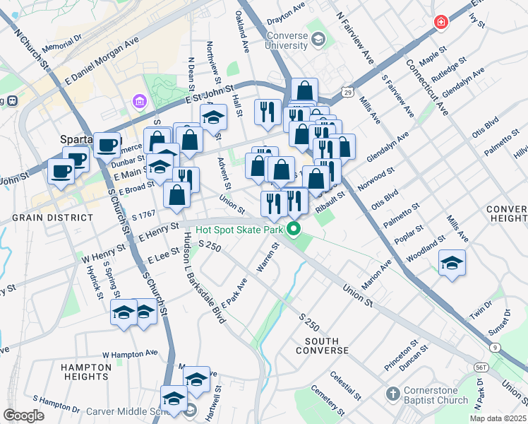 map of restaurants, bars, coffee shops, grocery stores, and more near 1 Real Estate Way in Spartanburg