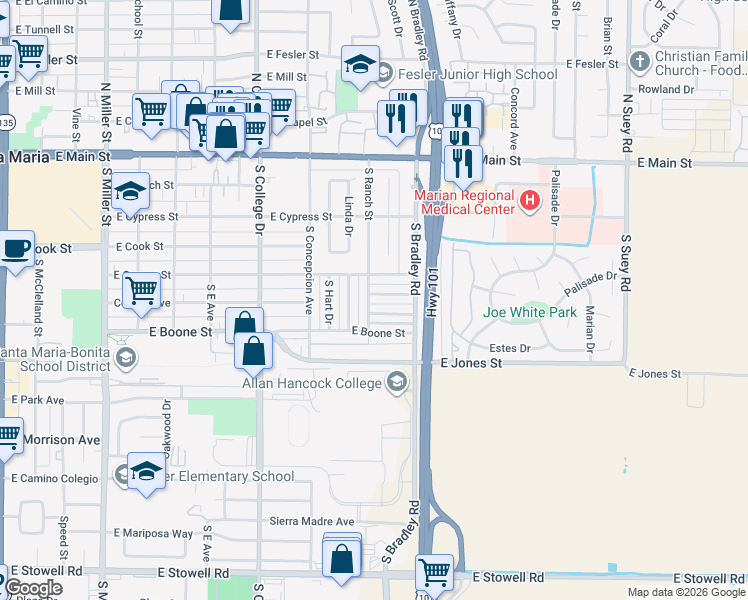 map of restaurants, bars, coffee shops, grocery stores, and more near 512 South Ranch Street in Santa Maria