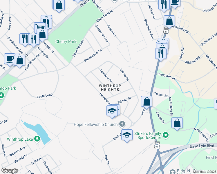 map of restaurants, bars, coffee shops, grocery stores, and more near 636 Bancroft Drive in Rock Hill
