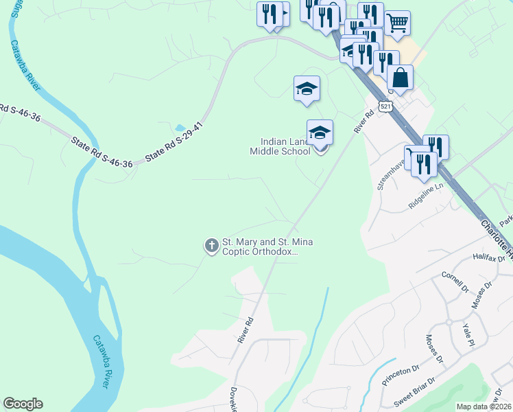 map of restaurants, bars, coffee shops, grocery stores, and more near 236 Little River Road in Fort Mill
