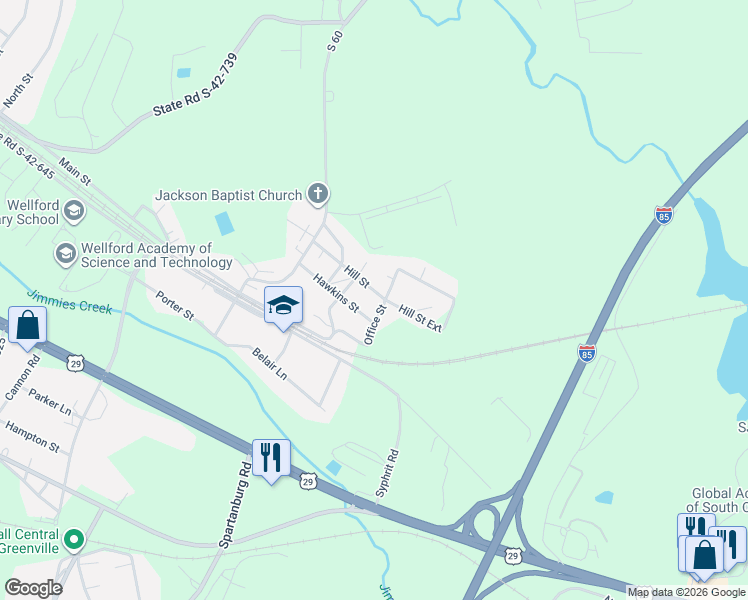 map of restaurants, bars, coffee shops, grocery stores, and more near 319 Hill Street in Wellford