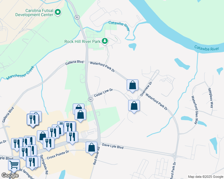 map of restaurants, bars, coffee shops, grocery stores, and more near 1595 Cedar Line Drive in Rock Hill