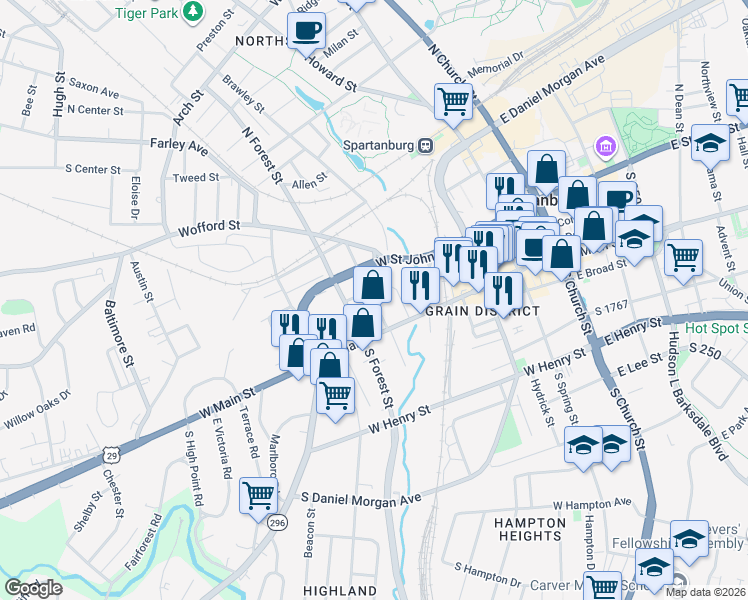 map of restaurants, bars, coffee shops, grocery stores, and more near North Walker Street in Spartanburg