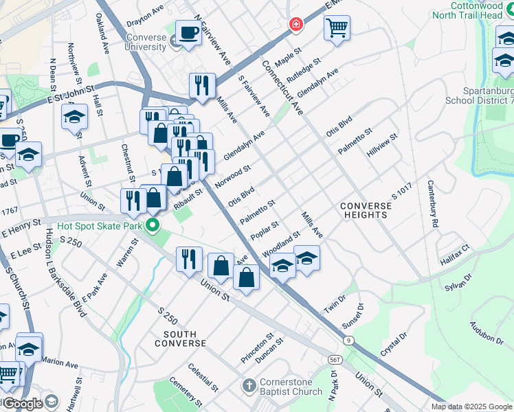 map of restaurants, bars, coffee shops, grocery stores, and more near 550 Palmetto Street in Spartanburg