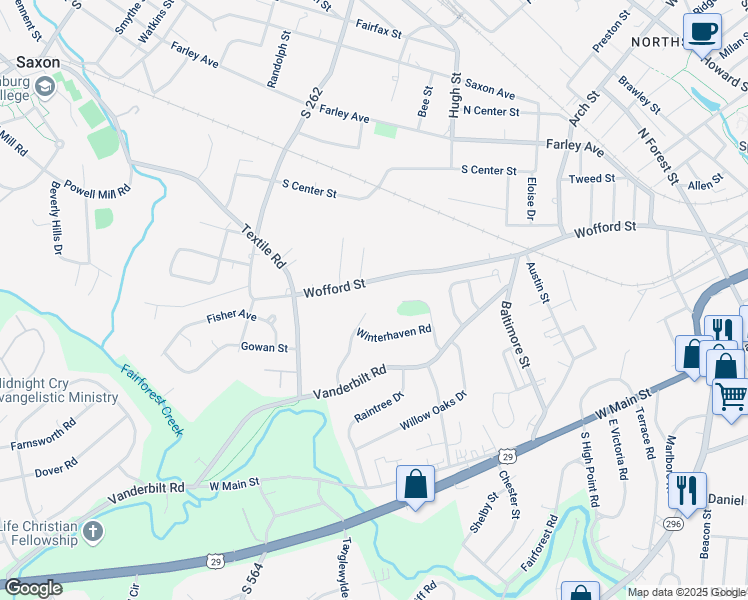 map of restaurants, bars, coffee shops, grocery stores, and more near 1639 Wofford Street in Spartanburg