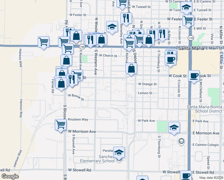 map of restaurants, bars, coffee shops, grocery stores, and more near 422 South Oakley Avenue in Santa Maria