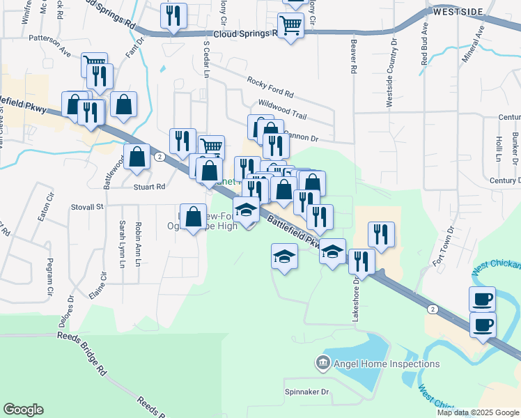 map of restaurants, bars, coffee shops, grocery stores, and more near Battlefield Parkway in Fort Oglethorpe
