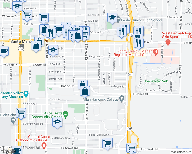 map of restaurants, bars, coffee shops, grocery stores, and more near 833 Central Avenue in Santa Maria
