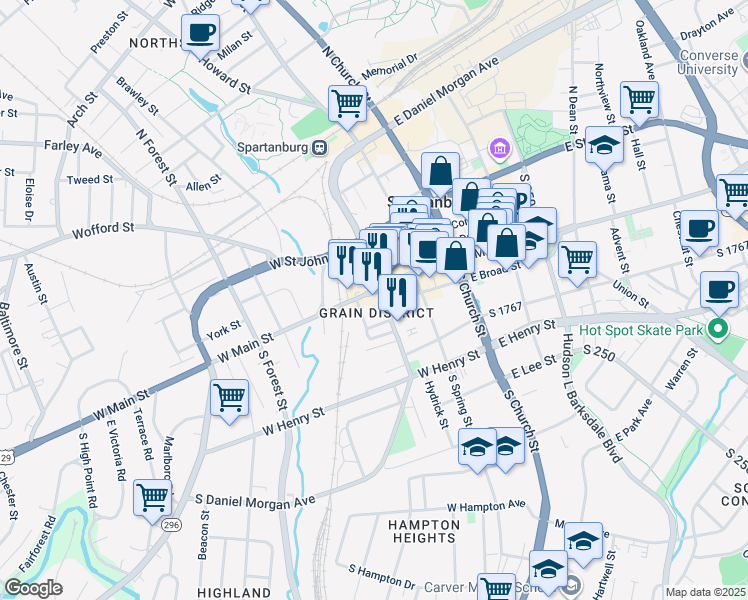 map of restaurants, bars, coffee shops, grocery stores, and more near 225 West Main Street in Spartanburg