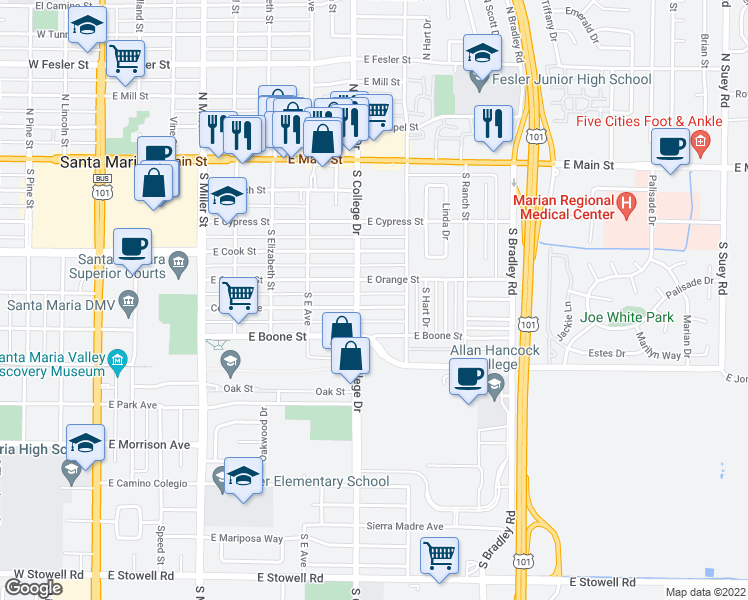 map of restaurants, bars, coffee shops, grocery stores, and more near 813 Central Avenue in Santa Maria