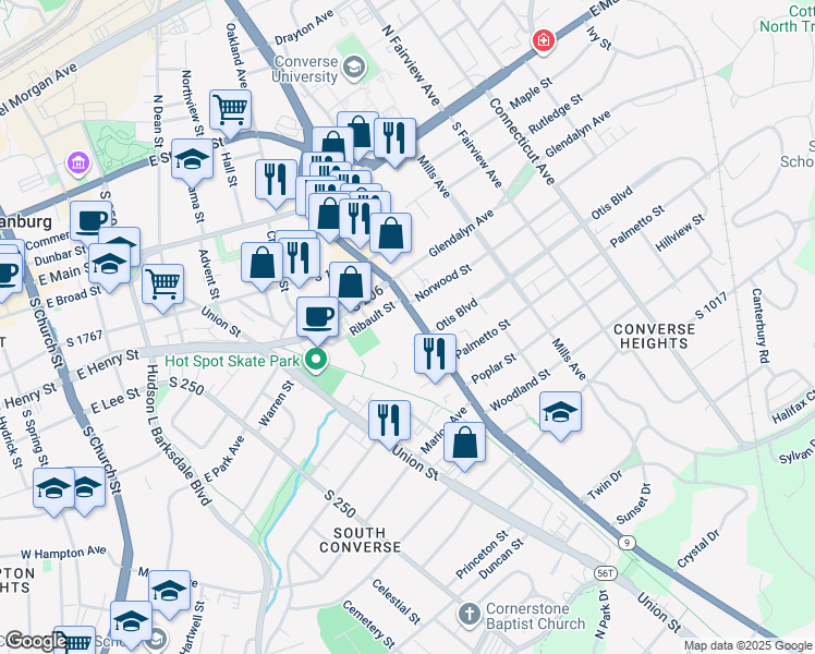 map of restaurants, bars, coffee shops, grocery stores, and more near 292 South Pine Street in Spartanburg