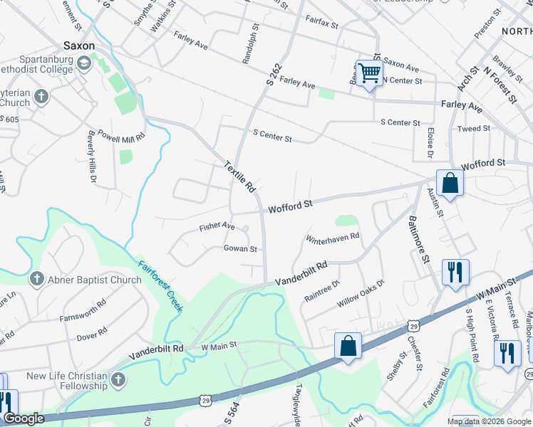 map of restaurants, bars, coffee shops, grocery stores, and more near 501 Textile Road in Spartanburg
