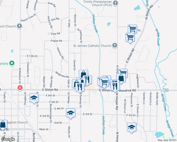 map of restaurants, bars, coffee shops, grocery stores, and more near 1909 Magnolia Circle in Corinth