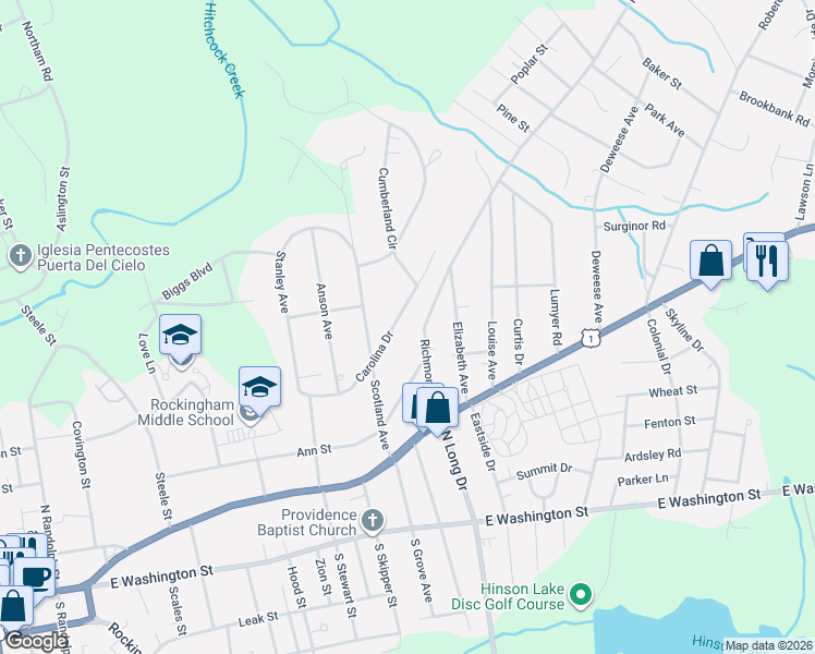map of restaurants, bars, coffee shops, grocery stores, and more near 1321 Carolina Drive in Rockingham
