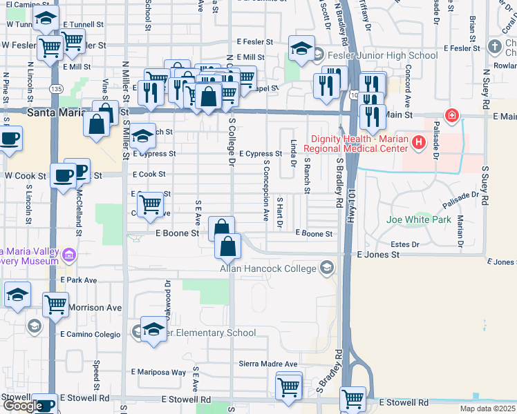 map of restaurants, bars, coffee shops, grocery stores, and more near 840 East Orange Street in Santa Maria