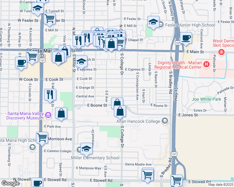 map of restaurants, bars, coffee shops, grocery stores, and more near 716 East Orange Street in Santa Maria