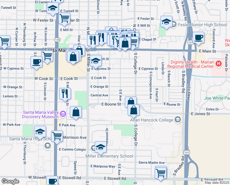 map of restaurants, bars, coffee shops, grocery stores, and more near 616 East Orange Street in Santa Maria