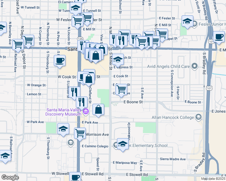 map of restaurants, bars, coffee shops, grocery stores, and more near 420 East Orange Street in Santa Maria