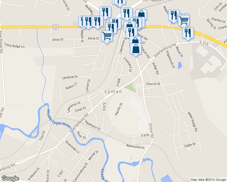 map of restaurants, bars, coffee shops, grocery stores, and more near in Lyman