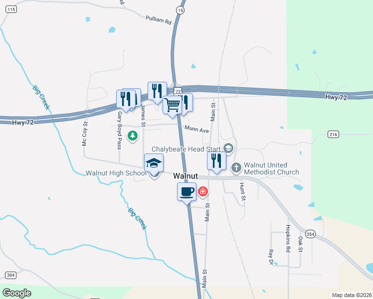 map of restaurants, bars, coffee shops, grocery stores, and more near 28400-28410 Mississippi 15 in Walnut