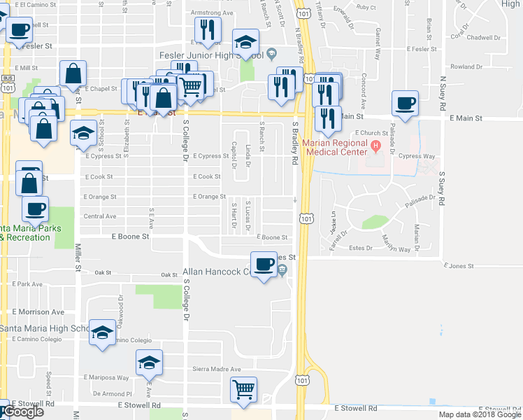 map of restaurants, bars, coffee shops, grocery stores, and more near 519 South Ranch Street in Santa Maria