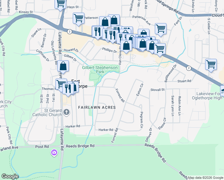 map of restaurants, bars, coffee shops, grocery stores, and more near 401 Forrest Road in Fort Oglethorpe