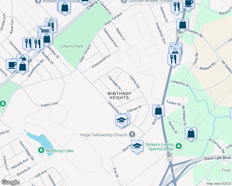 map of restaurants, bars, coffee shops, grocery stores, and more near 644 Bancroft Drive in Rock Hill