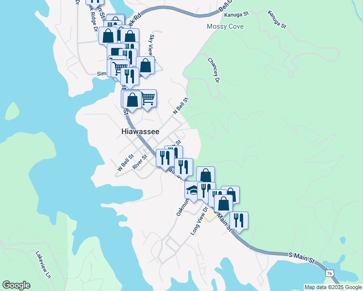 map of restaurants, bars, coffee shops, grocery stores, and more near 100 Church Street in Hiawassee