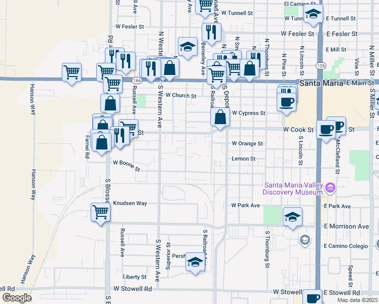 map of restaurants, bars, coffee shops, grocery stores, and more near 500 South Oakley Avenue in Santa Maria