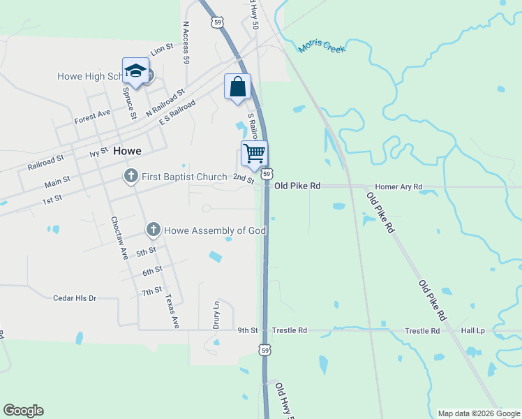 map of restaurants, bars, coffee shops, grocery stores, and more near South Railroad Street in Howe