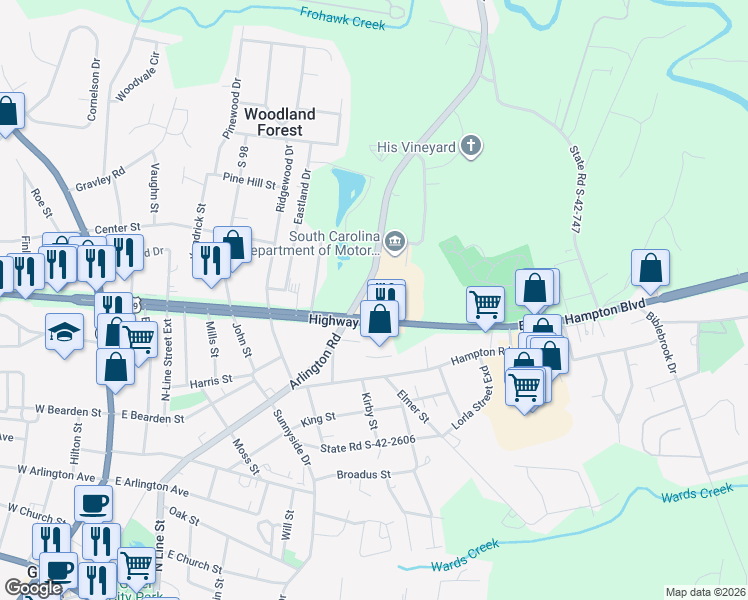 map of restaurants, bars, coffee shops, grocery stores, and more near 14180 East Wade Hampton Boulevard in Greer