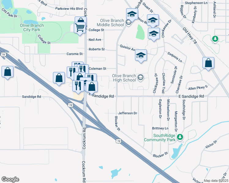 map of restaurants, bars, coffee shops, grocery stores, and more near 6064 Blocker Street in Olive Branch