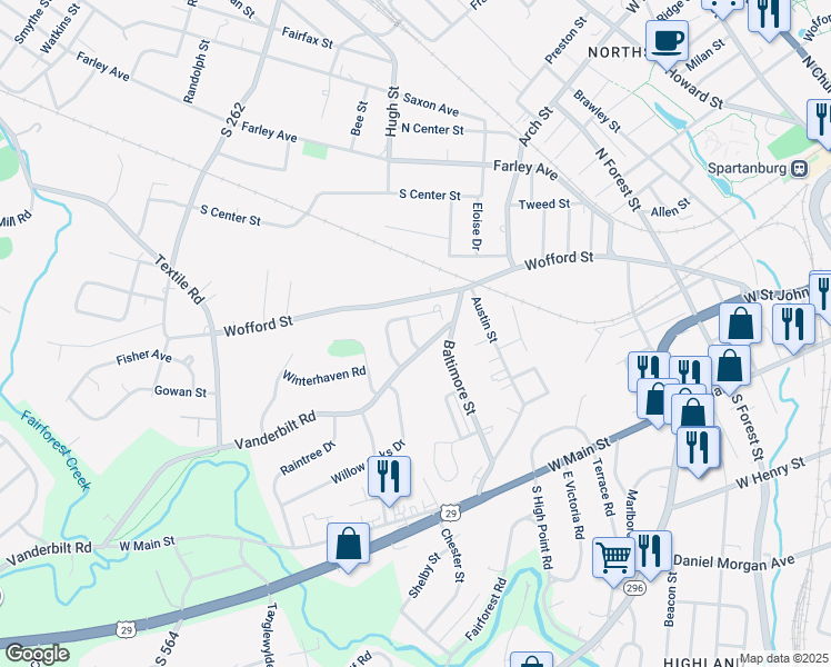 map of restaurants, bars, coffee shops, grocery stores, and more near 700 Vanderbilt Road in Spartanburg