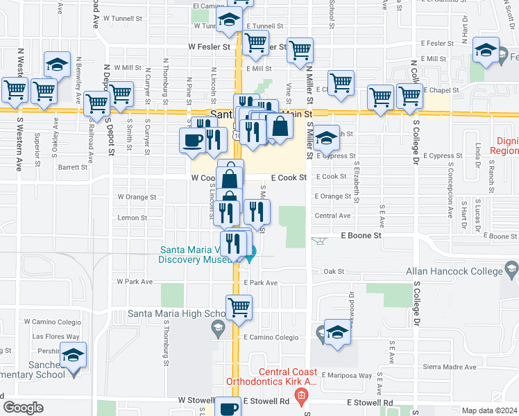map of restaurants, bars, coffee shops, grocery stores, and more near 505 South McClelland Street in Santa Maria