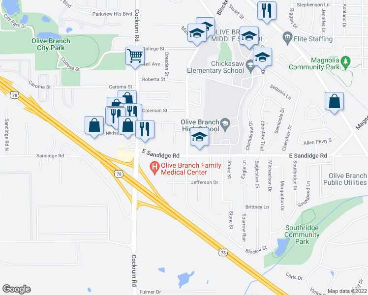 map of restaurants, bars, coffee shops, grocery stores, and more near 6039 Blocker Street in Olive Branch