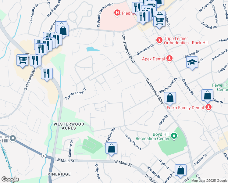 map of restaurants, bars, coffee shops, grocery stores, and more near 1549 Brentfield Drive in Rock Hill