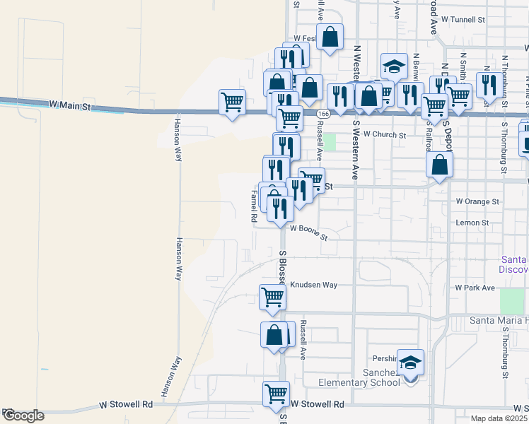 map of restaurants, bars, coffee shops, grocery stores, and more near 520 Farnel Road in Santa Maria