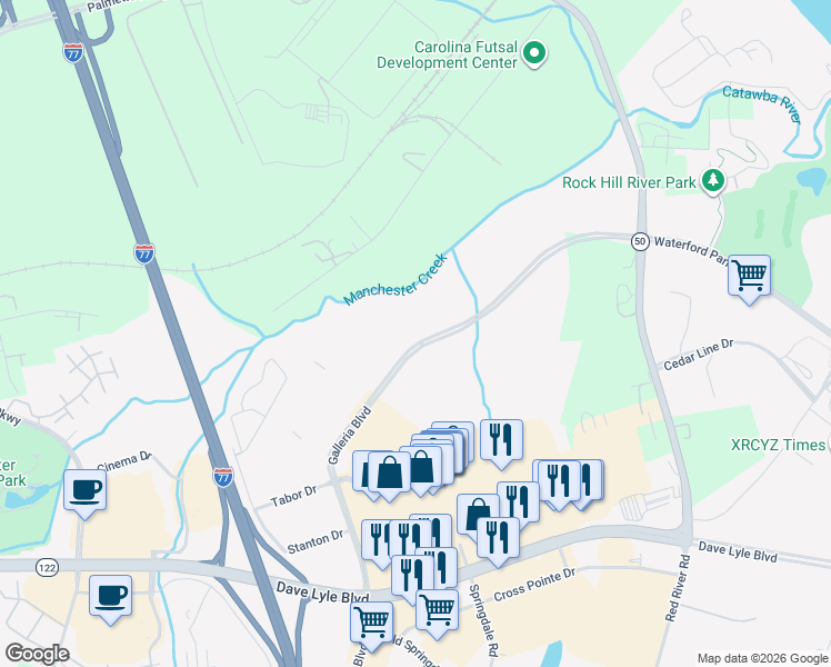 map of restaurants, bars, coffee shops, grocery stores, and more near 827 Sebring Drive in Rock Hill