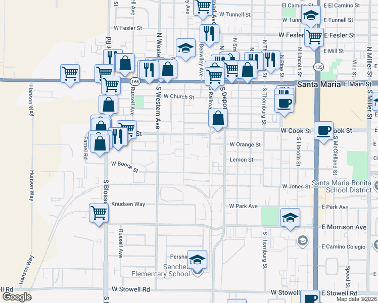 map of restaurants, bars, coffee shops, grocery stores, and more near 500 South Oakley Avenue in Santa Maria